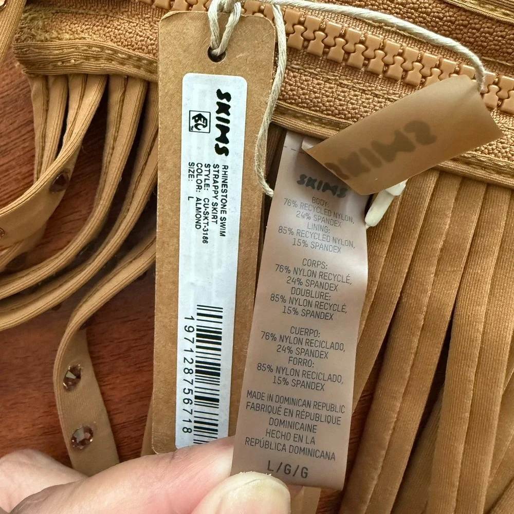 NWT SKIMS Rhinestone Swim Strappy Skirt In Almond Size L Limited Edition